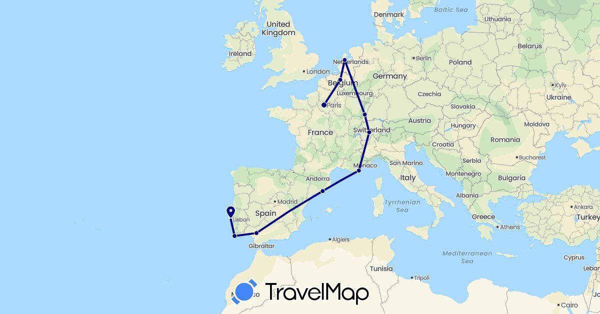TravelMap itinerary: driving in Belgium, Switzerland, Spain, France, Netherlands, Portugal (Europe)